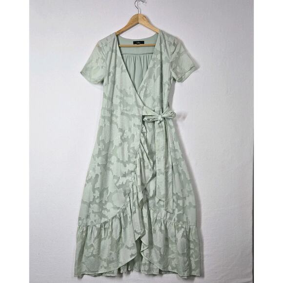 Lulu's Jacquard Short Sleeve Wrap Midi Dress S Blissfully Sage Green Ruffle - Picture 12 of 12